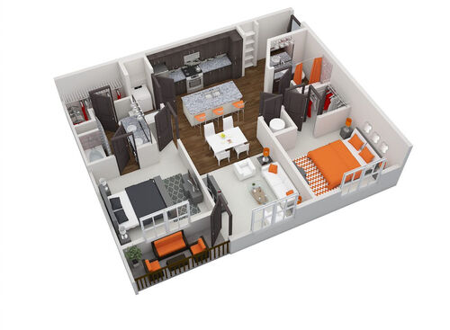 The 3-D floor plan of The Amadora. Two bedroom, two bathroom and 1173 square feet.