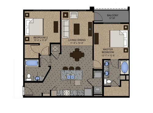 Floor plan layout of The Amadora. Two bedroom, two bathroom and 1173 square feet.