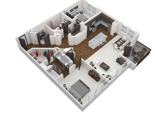 Floor plan layout of The Arabella. Two bedroom, two bathroom with den, and 1417 square feet.