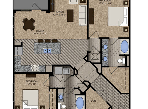 The Arabella floor plan, two bedroom, two bathroom with den. 1417 square feet.