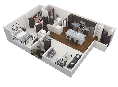 Floor plan layout of The Dolby. One bedroom, one bathroom, and 877 square feet.