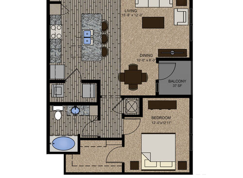 The Dolby floor plan, one bedroom, one bathroom, and 877 square feet.