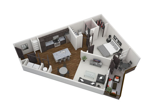 Floor plan of The Gallia layout. One bedroom, one bathroom, and 859 square feet.