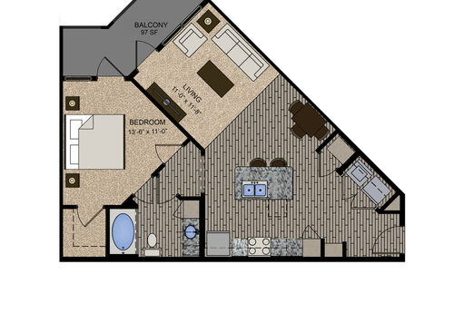 The Gallia floor plan, one bedroom, one bathroom, and 859 square feet.