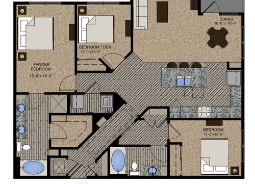 The Ikeya floor plan, three bedroom, two bathroom, and 1480 square feet.