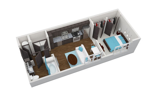 3D floor plan of the Juno. One bedroom, one bathroom, studio, and 568 square feet.