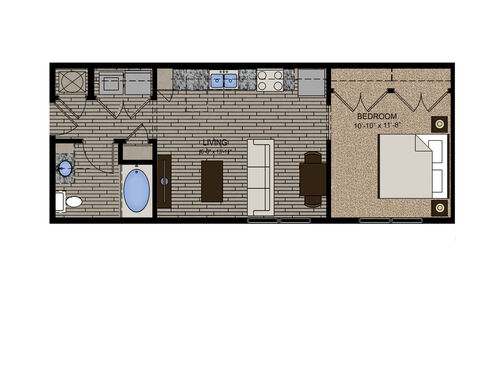 Floor plan of the 568 square feet Juno layout. One bedroom, one bathroom, and studio.