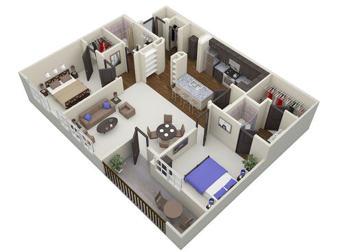 The floor plan layout of the Kressin. Two bedroom, two bathroom, and 1349 square feet.