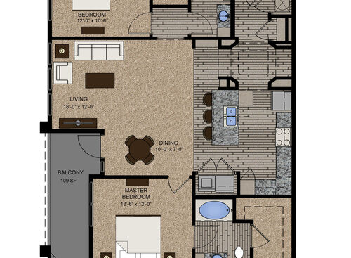 The Kressin floor plan, two bedroom, two bathroom, and 1349 square feet.