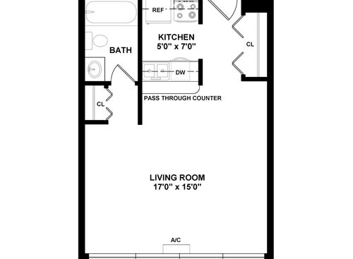 Type 1 - STD: Beds - Studio: Baths - 1: SqFt Range - 398 to 398