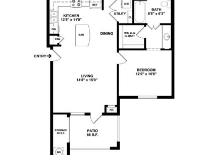 1 Bedroom: Beds - 1: Baths - 1: SqFt Range - 654 to 670