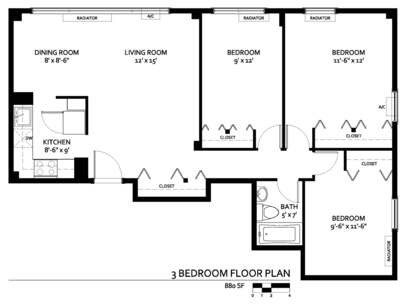 3 Bedroom: Beds - 3: Baths - 1: SqFt Range - 880 to 880