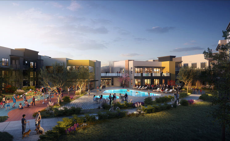 Virtually rendered image of apartment building with swimming pool and people