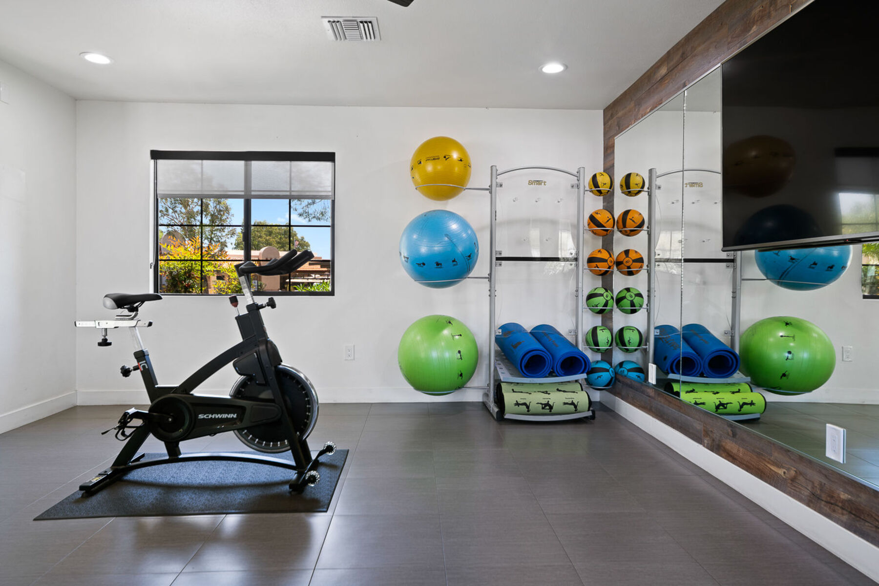 Yoga and spin studio with an exercise bike and exercise balls.