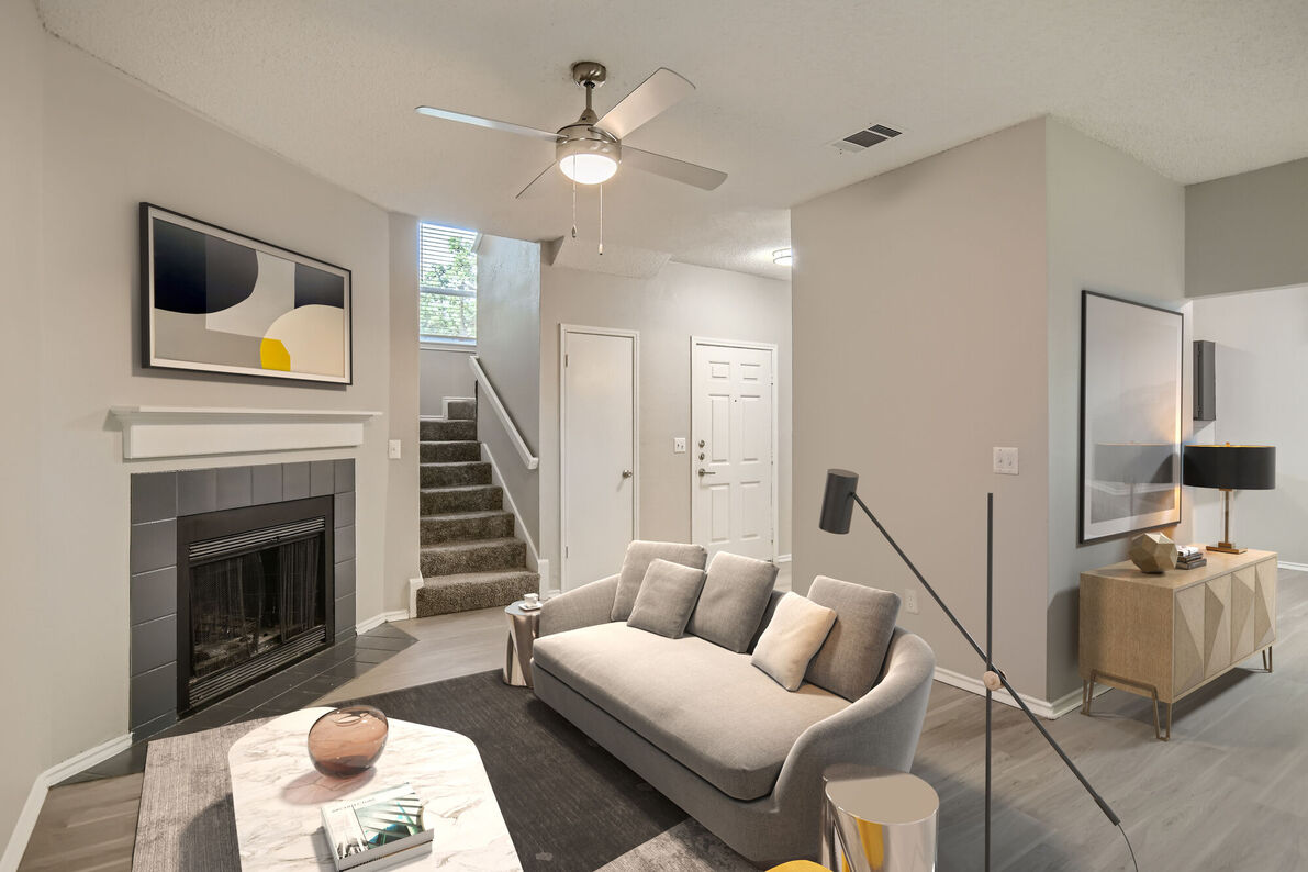 Tall Timbers Apartments renovated living room staging - Euless, TX