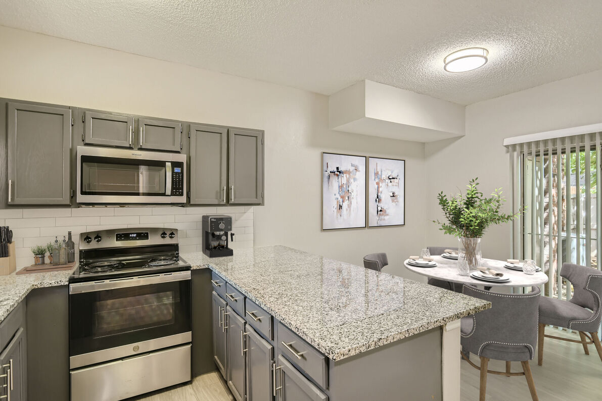 Tall Timbers Apartments renovated kitchen staging - Euless, TX