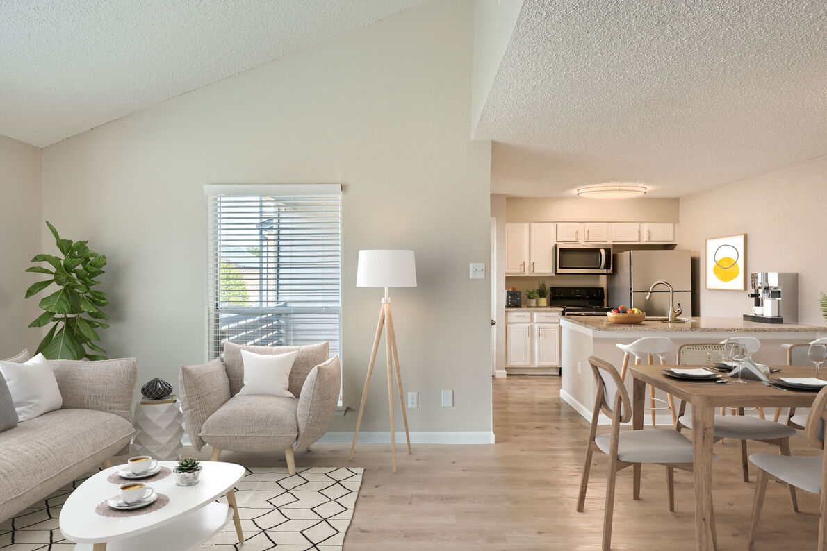 The Lydian Apartments staged living room and kitchen - Plano, TX