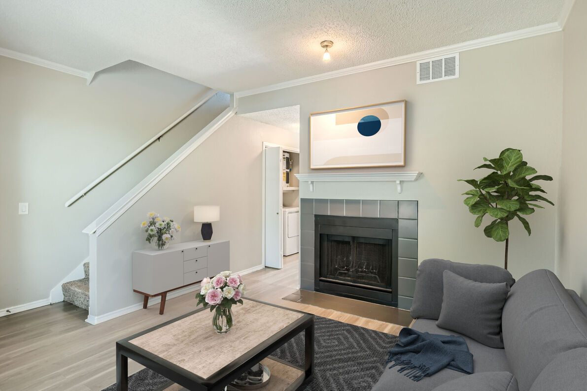 The Tallows Apartments living room staged - Carrollton, TX