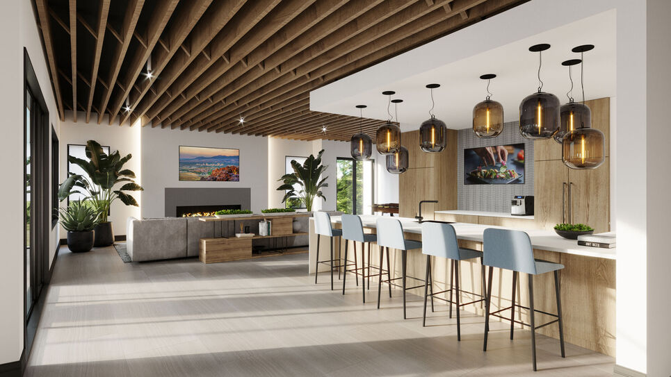 Virtually rendered image of clubhouse interior chef kitchen, dining nook, and lounge spaces