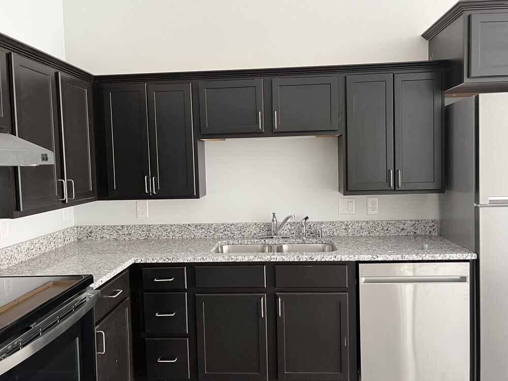 Picture of the kitchen sink, dishwasher, and beautiful cabinets in the Alice Place Senior Living Apartments in Monroe, WI.