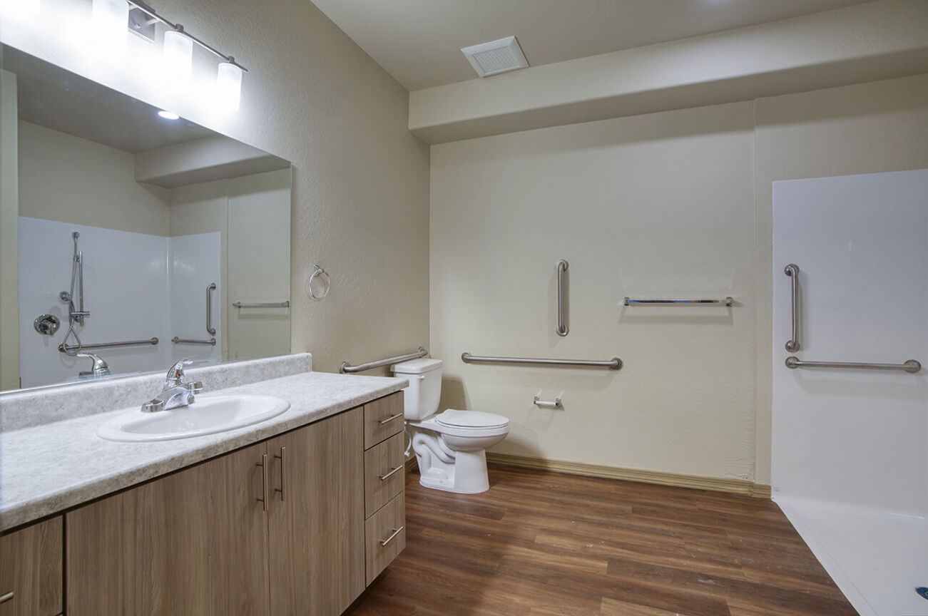 Bathroom with grab bars in the home shown at Harmony at the Park I & II.
