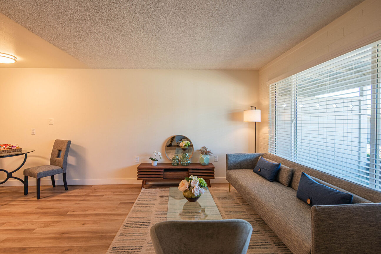 Furnished apartment living area shown at Phoenix Manor.
