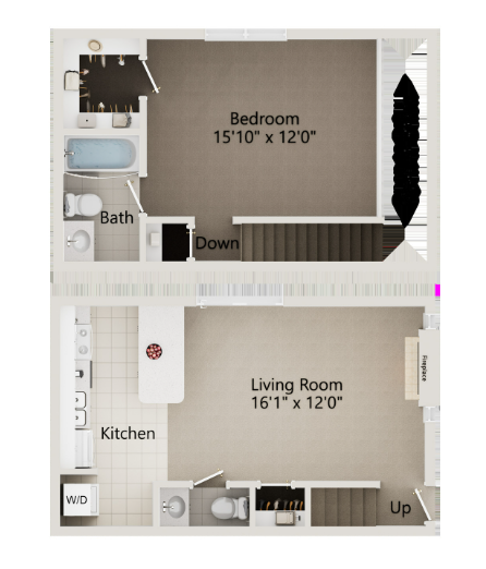 1 Bed 1.5 Bath - Townhome floor plan