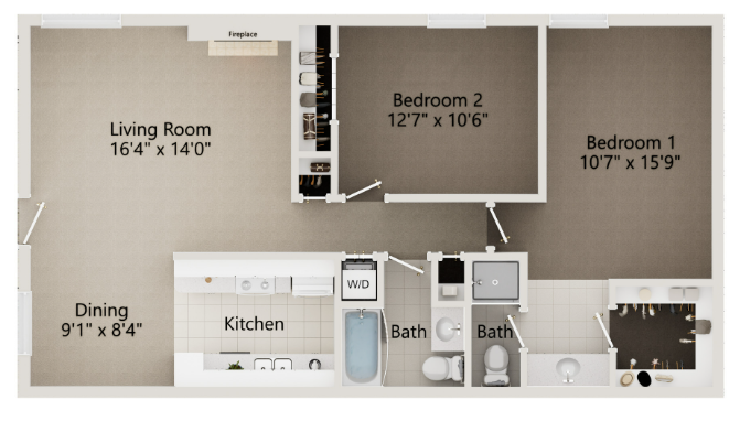 2 Bed 2 Bath floor plan