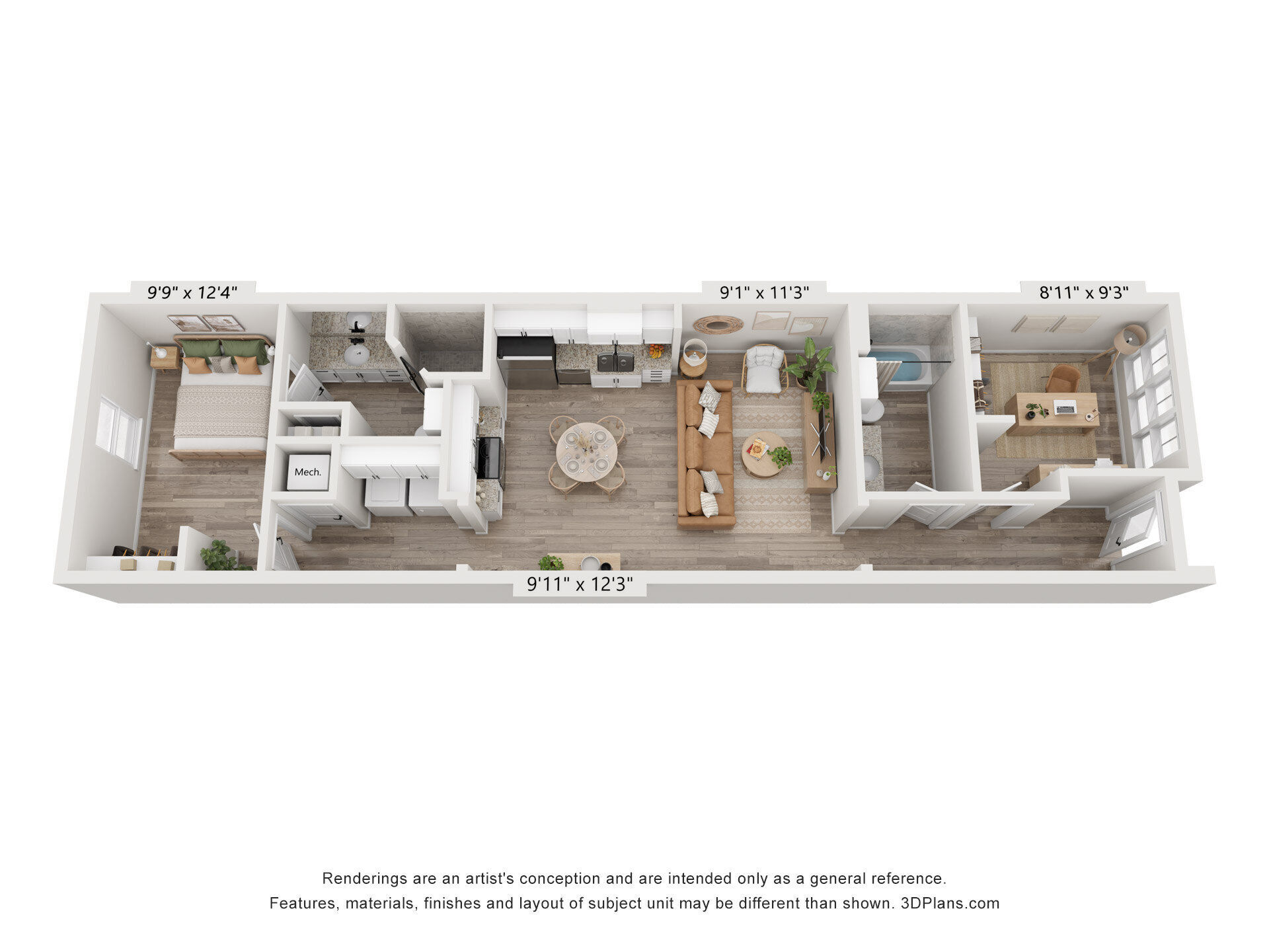 1 bedroom w/ flex space and 2 floor plan
