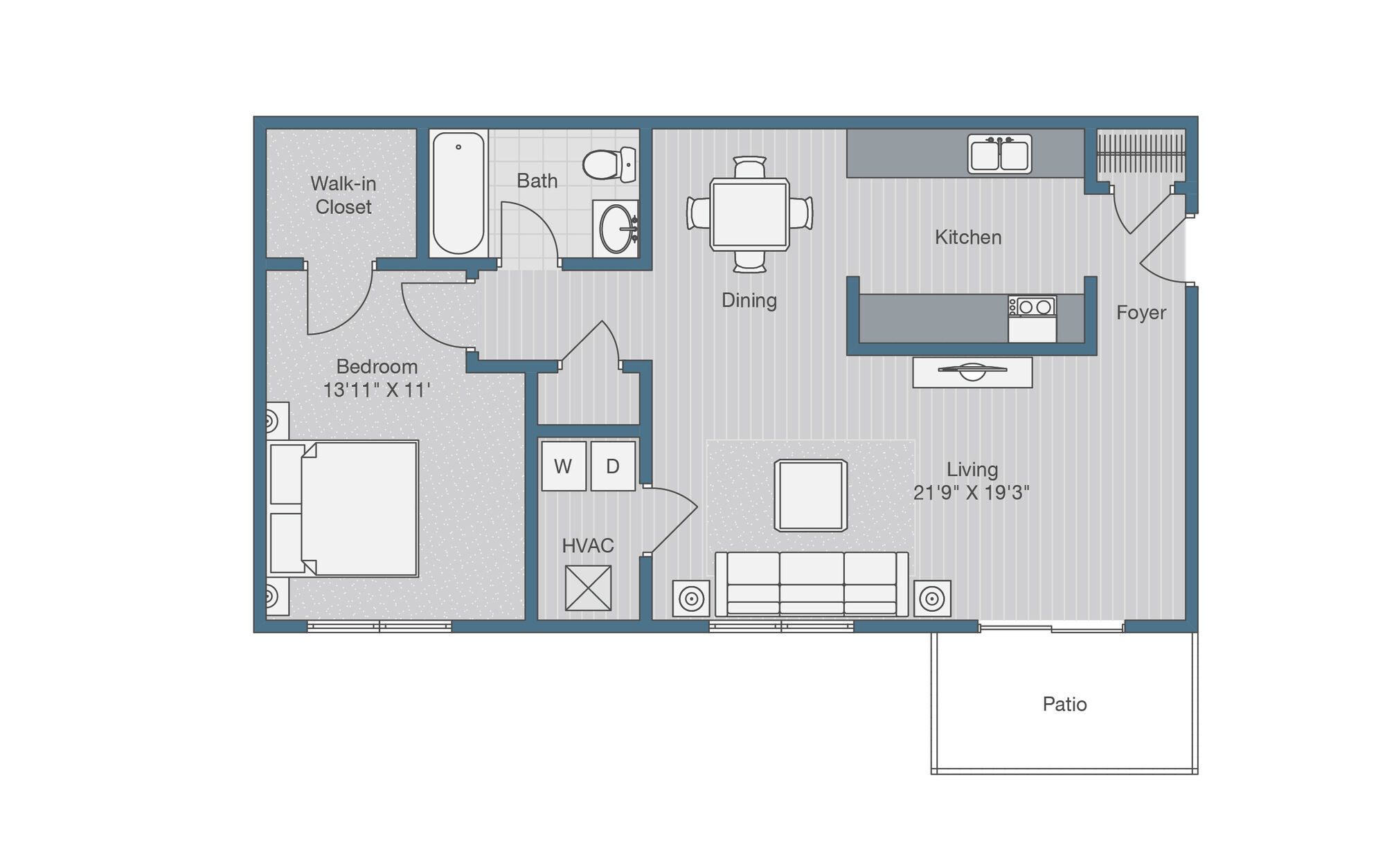 1x1 710 Sq ft floor plan