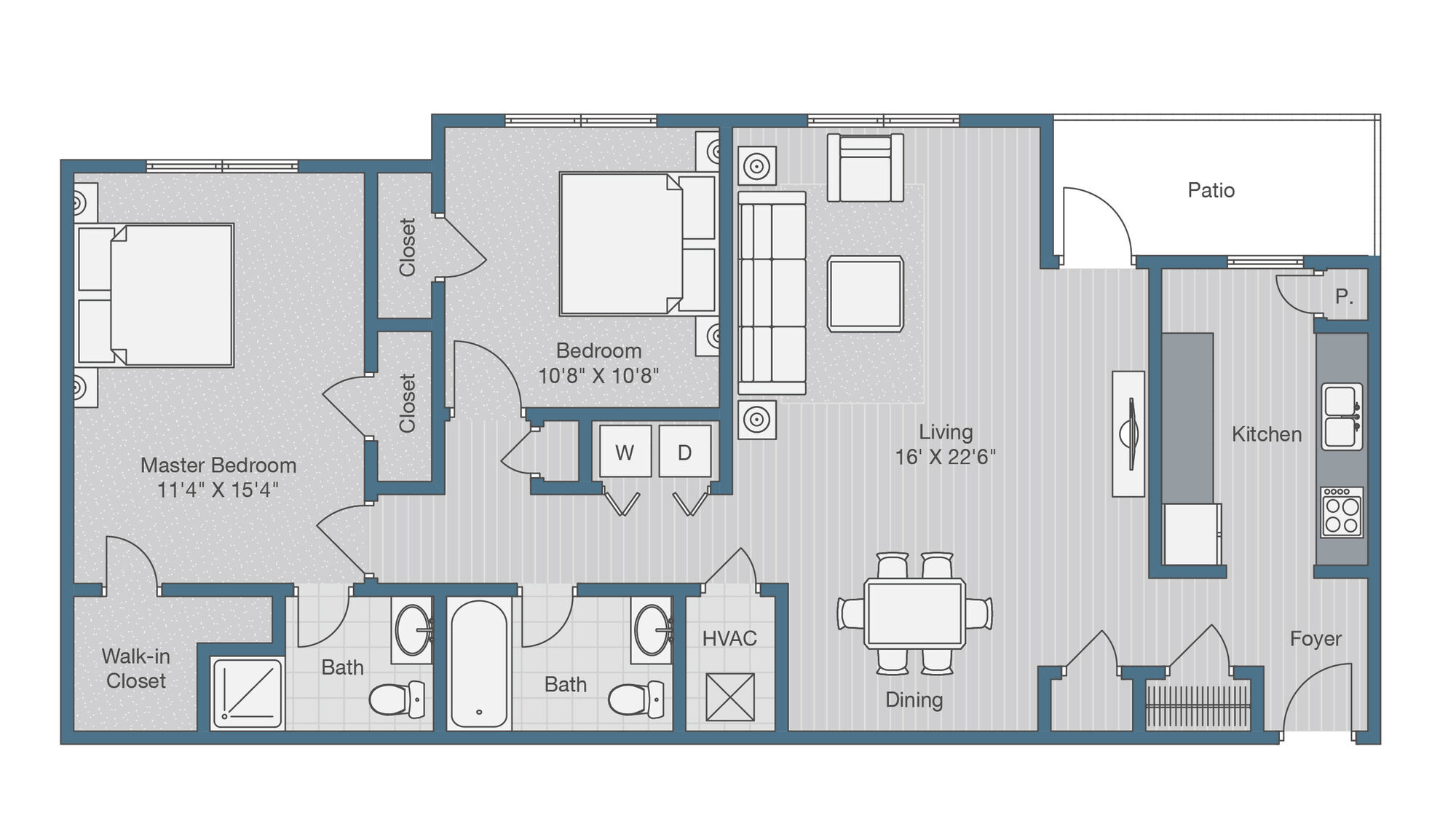 2x2 947 sf floor plan