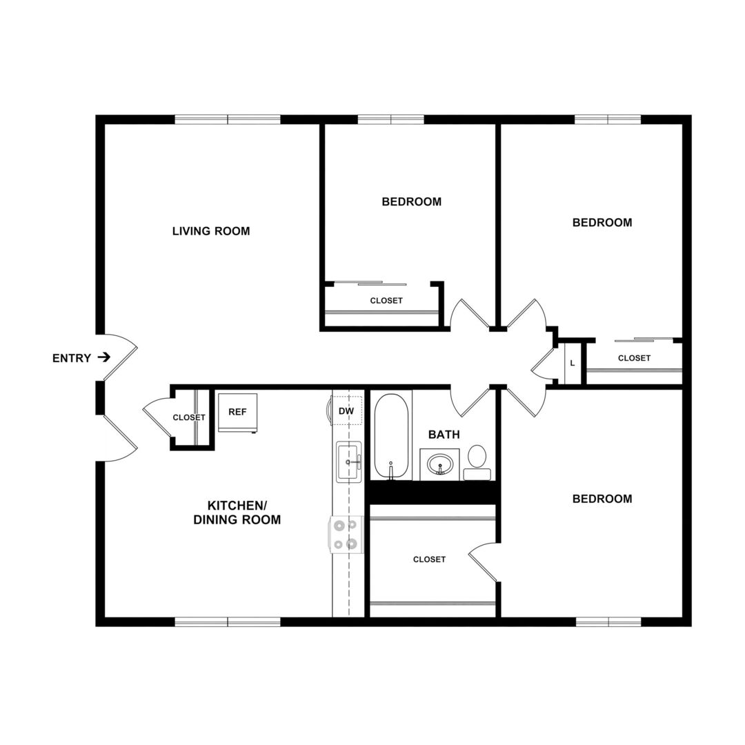 Three Bed / One Bath - Income Restricted floor plan