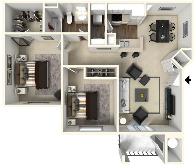 Two Bedrooms, 1 Bath 919 SqFt floor plan