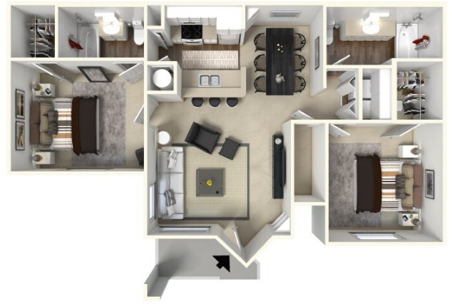 Two Bedrooms, 2 Bath 954 SqFt floor plan