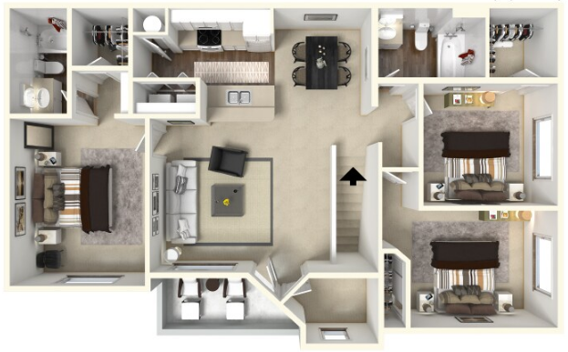 Three Bedroom, 2 Bath 1179 SqF floor plan