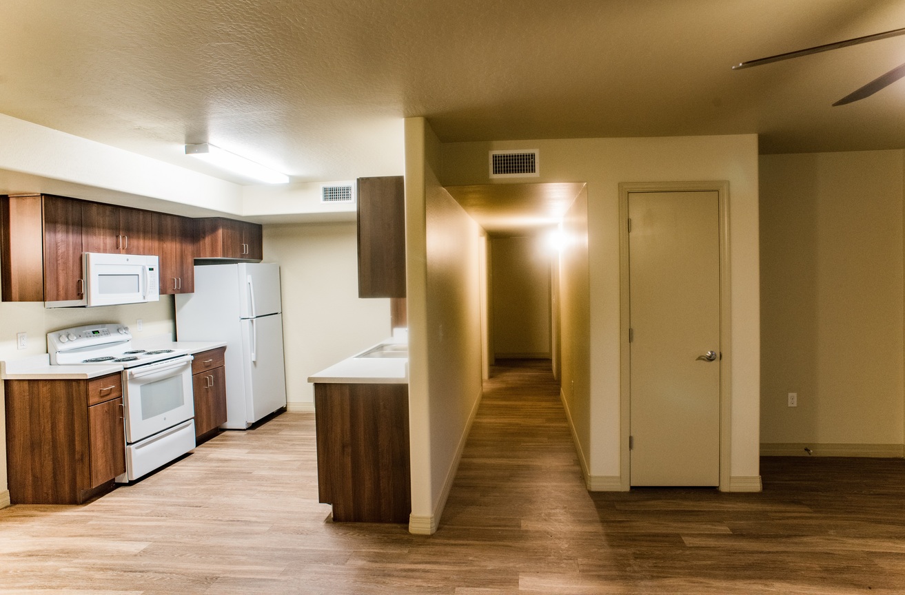 Apartment kitchen at Coffelt-Lamoreaux.