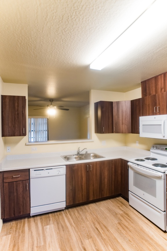 Apartment kitchen at Coffelt-Lamoreaux.