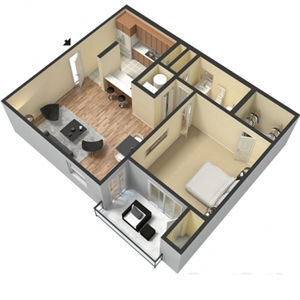 1BR 1BA 658 SQ FT floor plan