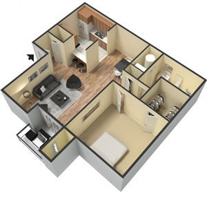 1BR 1BA 751 SQ FT floor plan
